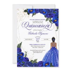 Royal Blue Floral Rose & Gold Elegant Quinceañera