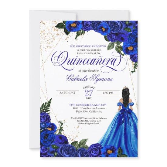 Royal Blue Floral Rose & Gold Elegant Quinceañera