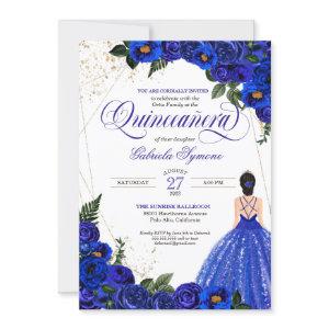 Royal Blue Floral Rose & Gold Elegant Quinceañera