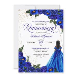 Royal Blue Floral Rose & Gold Elegant Quinceañera
