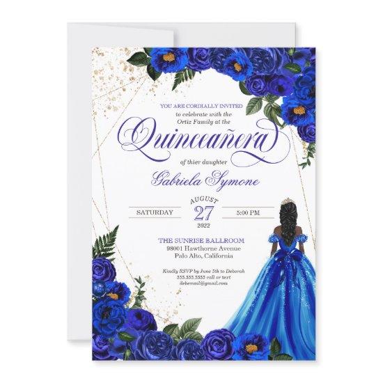 Royal Blue Floral Rose & Gold Elegant Quinceañera
