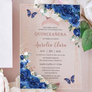 Royal Blue Floral Rose Gold Quinceañera Birthday Acrylic