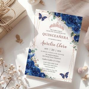 Royal Blue Floral Rose Gold Quinceañera Birthday