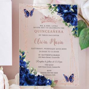 Royal Blue Floral Rose Gold Quinceañera Butterfly Acrylic