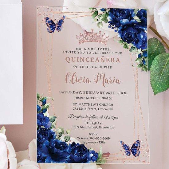Royal Blue Floral Rose Gold Quinceañera Butterfly Acrylic