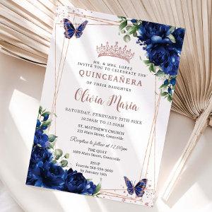 Royal Blue Floral Rose Gold Quinceañera Butterfly