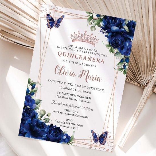 Royal Blue Floral Rose Gold Quinceañera Butterfly