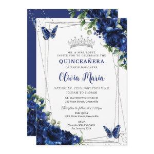 Royal Blue Floral Silver Quinceañera Butterflies