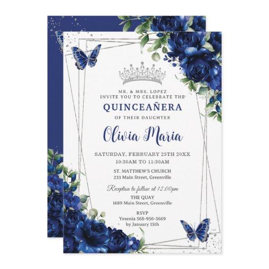 Royal Blue Floral Silver Quinceañera Butterflies