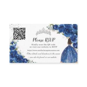 Royal Blue Floral Silver Quinceañera QR Code Enclosure Card