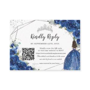 Royal Blue Floral Silver Quinceañera QR Code RSVP Enclosure Card