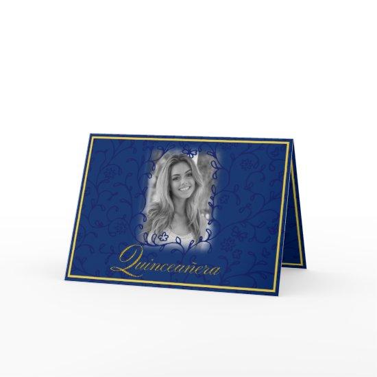 Royal blue floral vines with photo quinceanera card