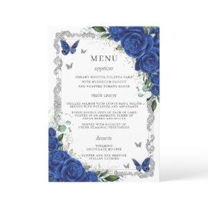 Royal Blue Floral Vintage Silver Quinceanera Menu