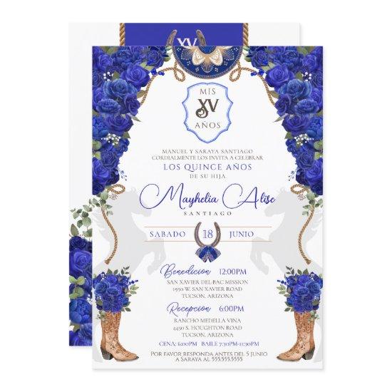 Royal Blue Floral Western Charro Quinceañera