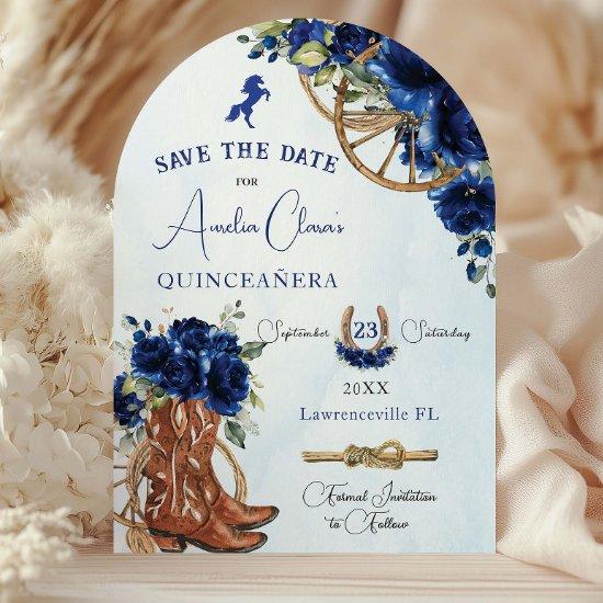 Royal Blue Floral Wild West Charro Quinceañera 15  Save The Date