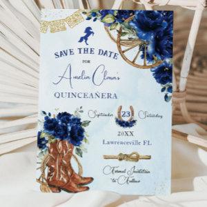 Royal Blue Floral Wild West Charro Quinceañera XV  Save The Date