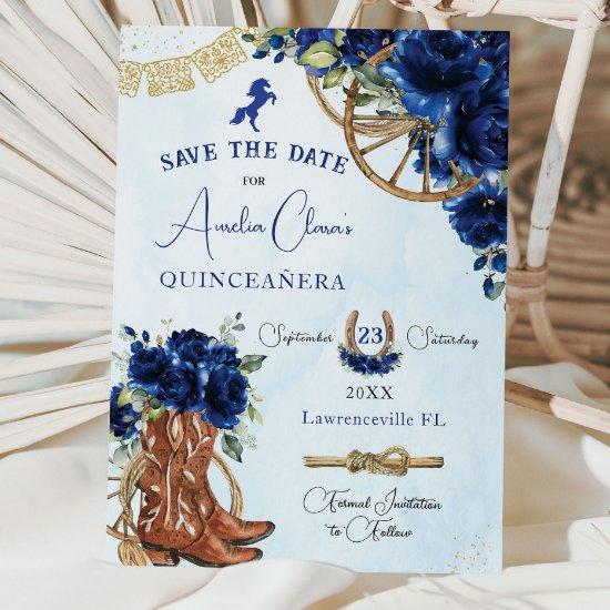Royal Blue Floral Wild West Charro Quinceañera XV  Save The Date