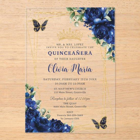 Royal Blue Flowers Floral Quinceañera Butterflies Acrylic