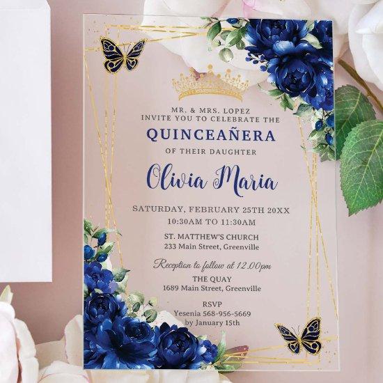 Royal Blue Flowers Floral Quinceañera Butterflies Acrylic