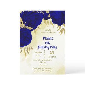 Royal blue flowers gold leaves birthday