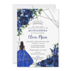 Royal Blue Flowers Princess Silver Quinceañera