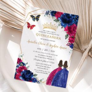 Royal Blue Fuchsia Pink Floral Twins Quinceañera