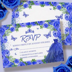Royal Blue Glitter Floral Quinceanera RSVP Card