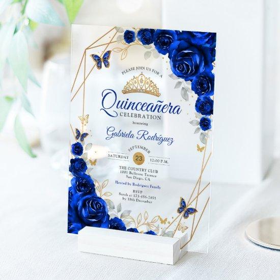 Royal Blue Gold Floral Quinceanera Acrylic
