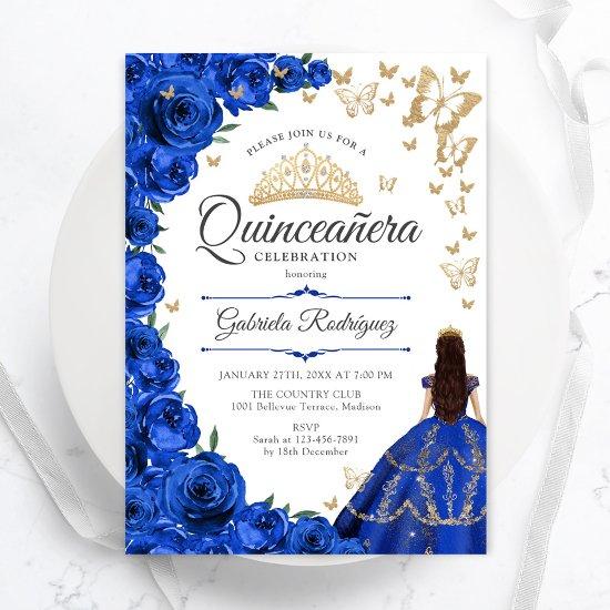 Royal Blue Gold Floral Quinceanera