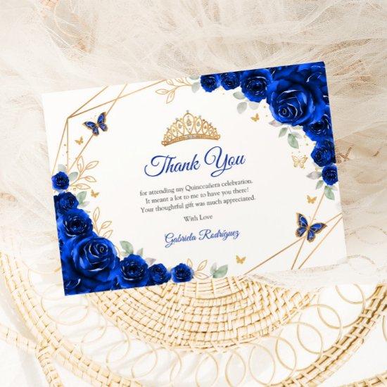 Royal Blue Gold Floral Quinceanera Thank You Card