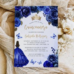 Royal Blue Gold Floral Watercolor Quinceañera