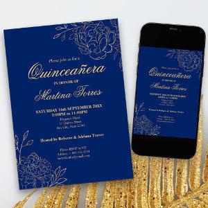 Royal Blue Gold Outline Flowers Floral Quinceanera