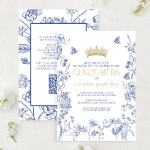 Royal Blue Gold QR Floral Butterfly Quinceañera