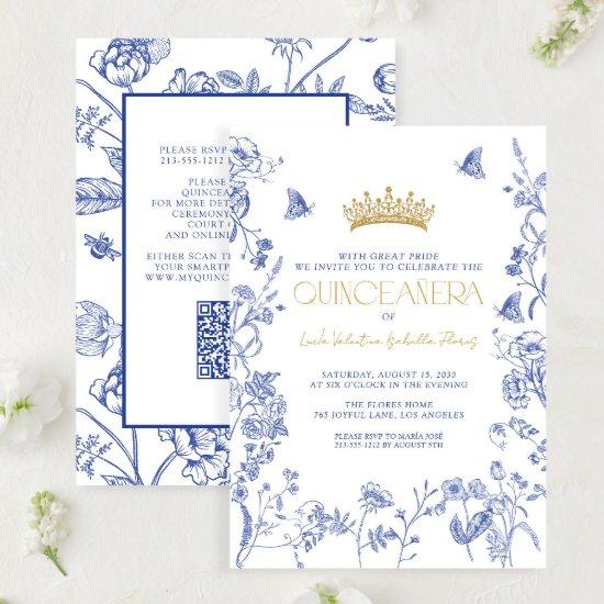 Royal Blue Gold QR Floral Butterfly Quinceañera