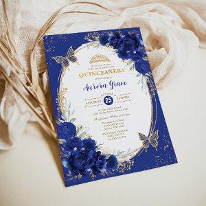 Royal Blue Gold Quinceañera Floral Butterfly Tiara