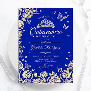 Royal Blue Gold Roses Butterflies Quinceanera