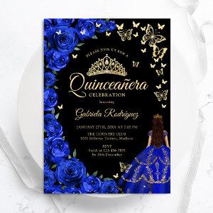 Royal Blue Gold Roses Butterflies Quinceanera