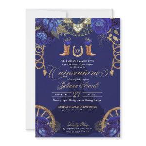 Royal Blue Gold Roses Charro Western Quinceanera