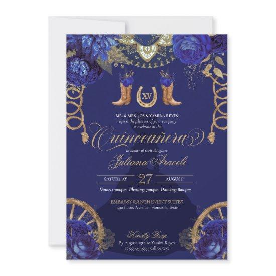 Royal Blue Gold Roses Charro Western Quinceanera