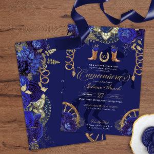 Royal Blue Gold Roses Elegant Charro Quinceanera
