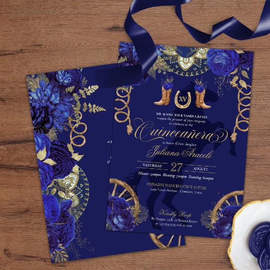 Royal Blue Gold Roses Elegant Charro Quinceanera
