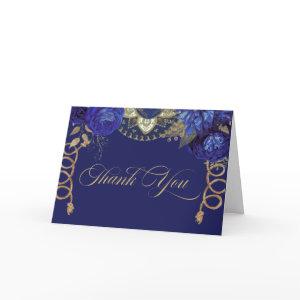 Royal Blue Gold Roses Elegant Charro Western Style Thank You Card