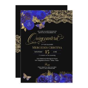 Royal Blue & Gold Roses Lace Butterfly Quinceañera