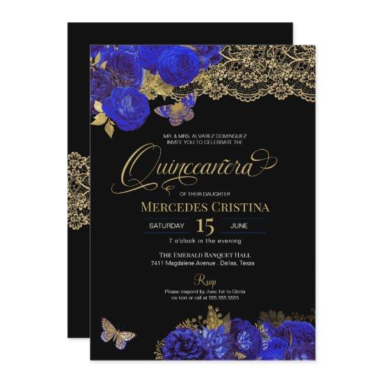 Royal Blue & Gold Roses Lace Butterfly Quinceañera