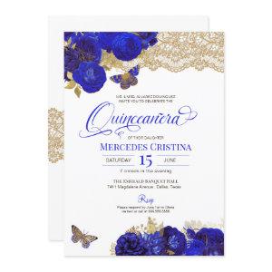 Royal Blue & Gold Roses Lace Butterfly Quinceañera