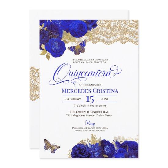 Royal Blue & Gold Roses Lace Butterfly Quinceañera