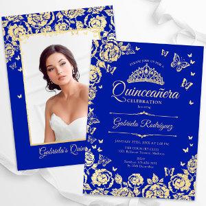 Royal Blue Gold Roses Quinceanera Photo