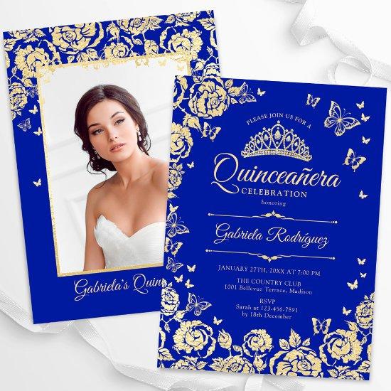 Royal Blue Gold Roses Quinceanera Photo