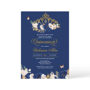 Royal Blue Gold Roses Tiara Butterfly Quinceañera