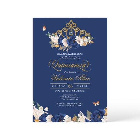 Royal Blue Gold Roses Tiara Butterfly Quinceañera
